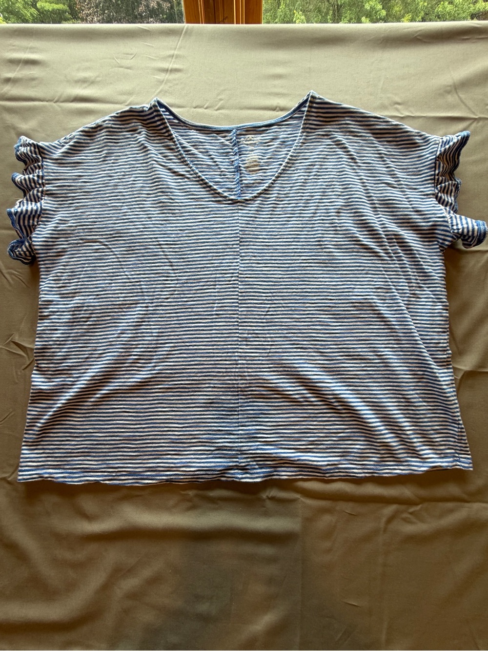 St. John's Bay Blue and White Striped V-Neck Short Sleeve Top
